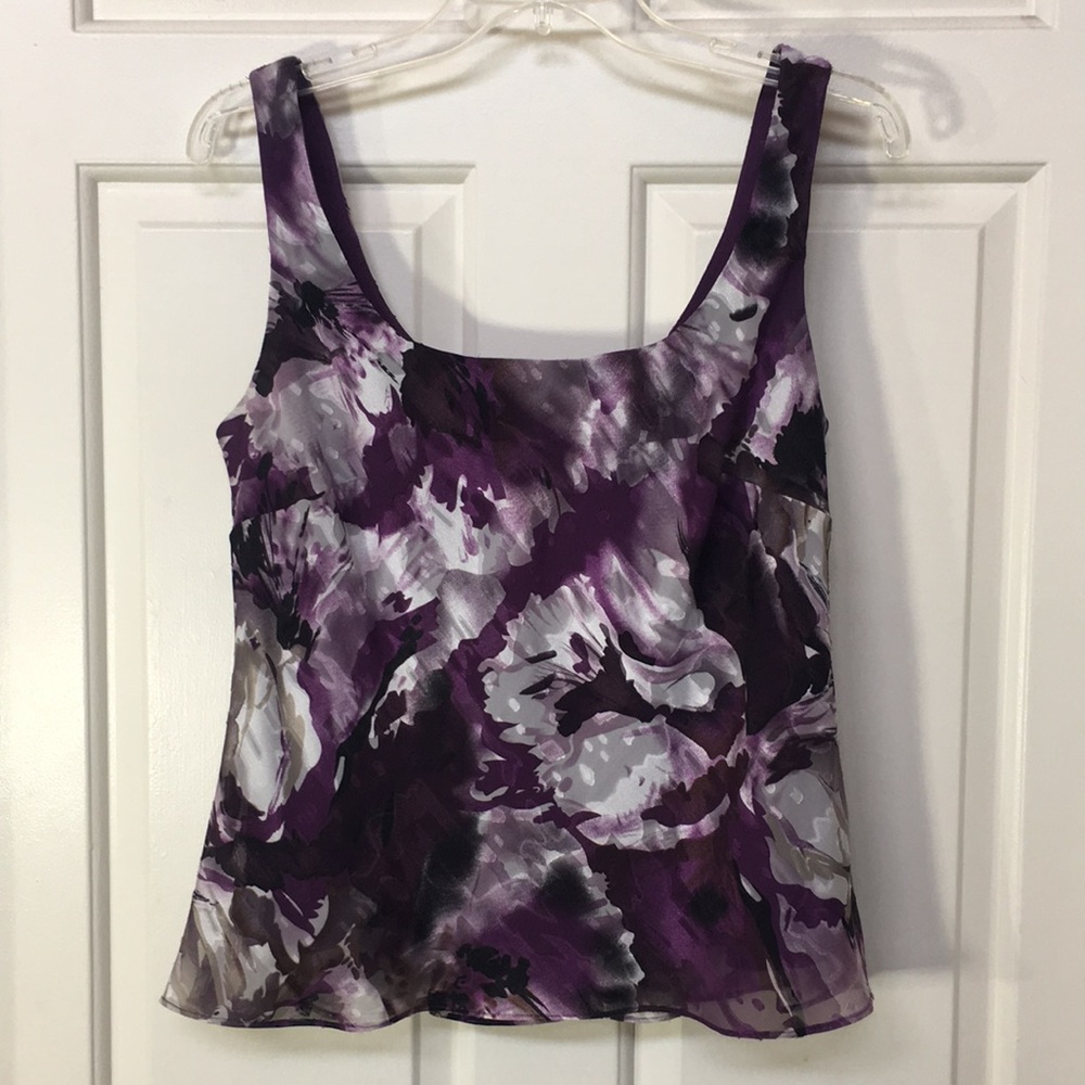 ALEX Abstract Floral Breezy Chiffon Sleeveless Summer Top with Peplum Style Back